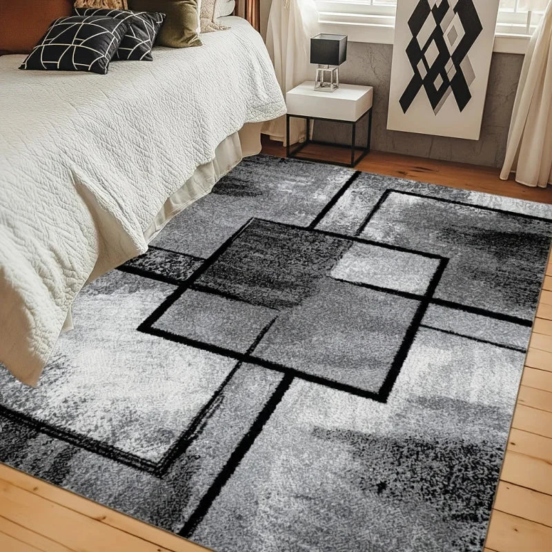 VIKAMA Modern Gray & Black Geometric Square Area Rug – Non-Slip Washable Soft Carpet