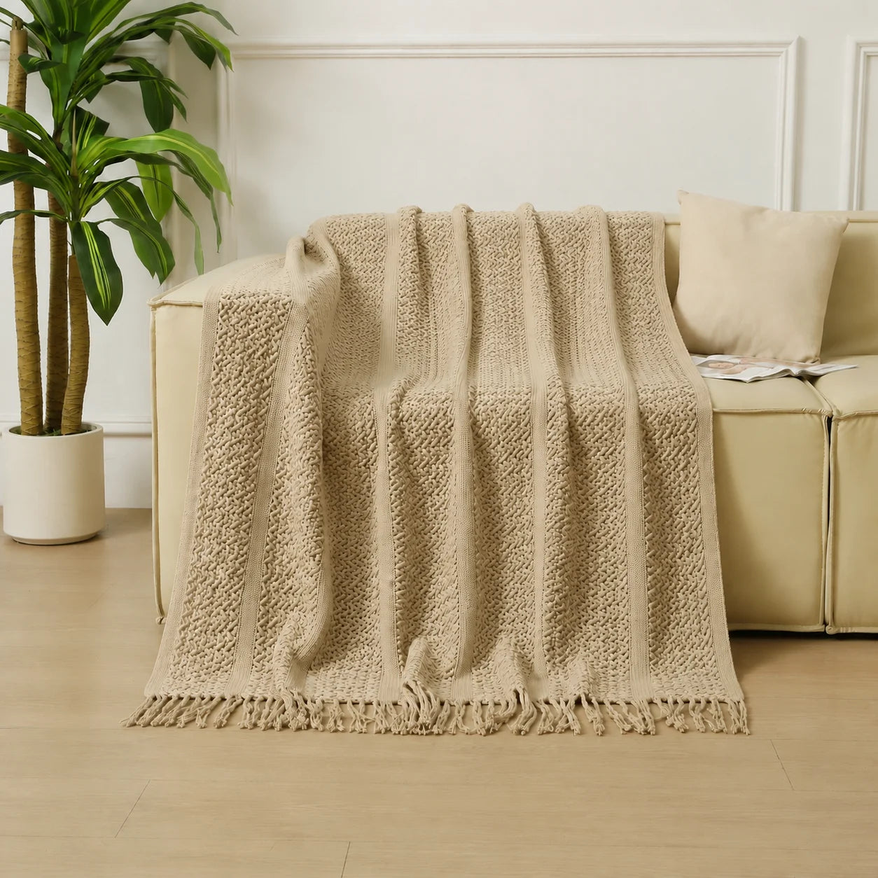 Dark Green Geometric Bobble Textured Knit Throw Blanket with Tassel Fringe, Soft Knitted Decorative Blanket, Lightweight Cozy Cover for Couch Sofa Bed, Boho Farmhouse Home Decor for Living Room Bedroom