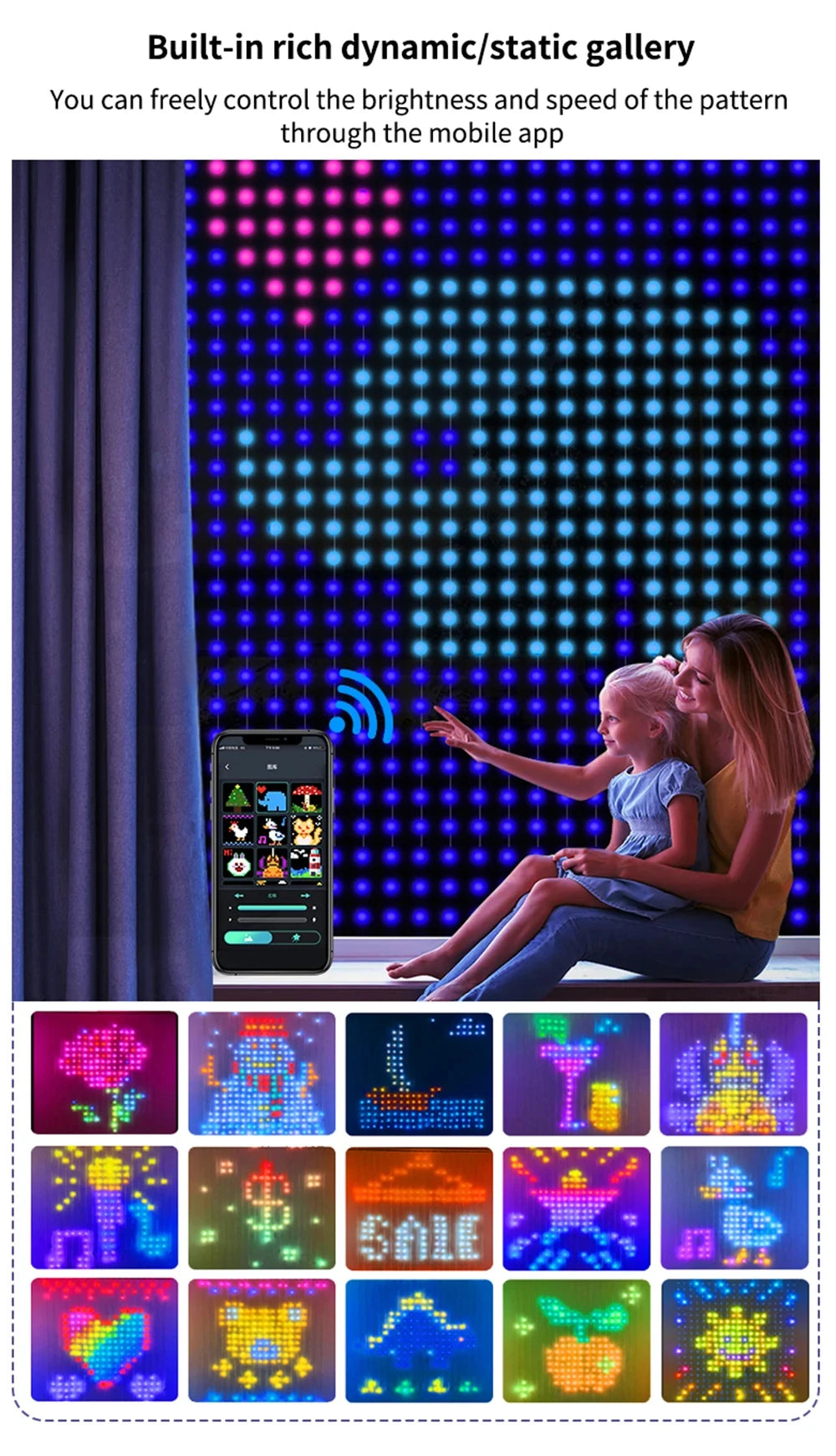 Smart Curtain Lights Bluetooth App LED String RGB Fairy Lights DIY Picture Music Change Display Christmas Halloween Decoration