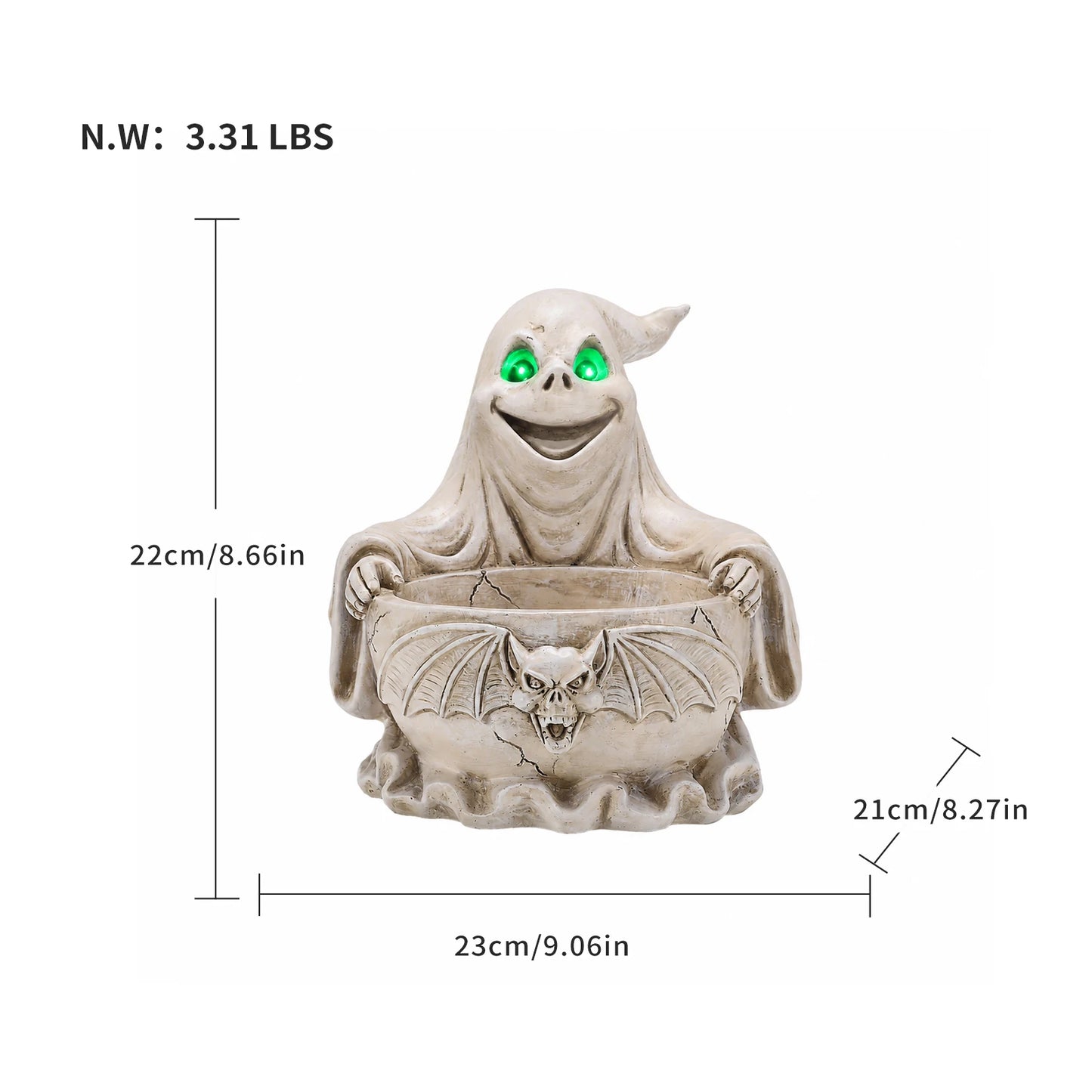 Halloween Ghost Candy Bowl with LED Glowing Green Eyes, Gothic Bat Resin Storage Dish, Spooky Tabletop Decor for Party Treats & Keys