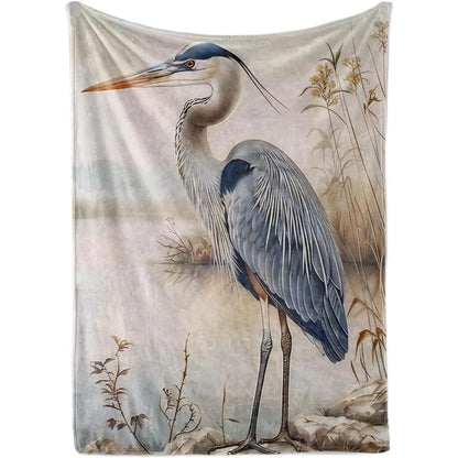 Extra Large 60"x80" Blue Heron Bird Print Flannel Throw Blanket - Soft Warm All-Season Luxury Bedspread with White Heron & Herons in Flight Design, Beige & Blue Nature Theme for Bed, Sofa, Couch - Machine Washable for Adults,