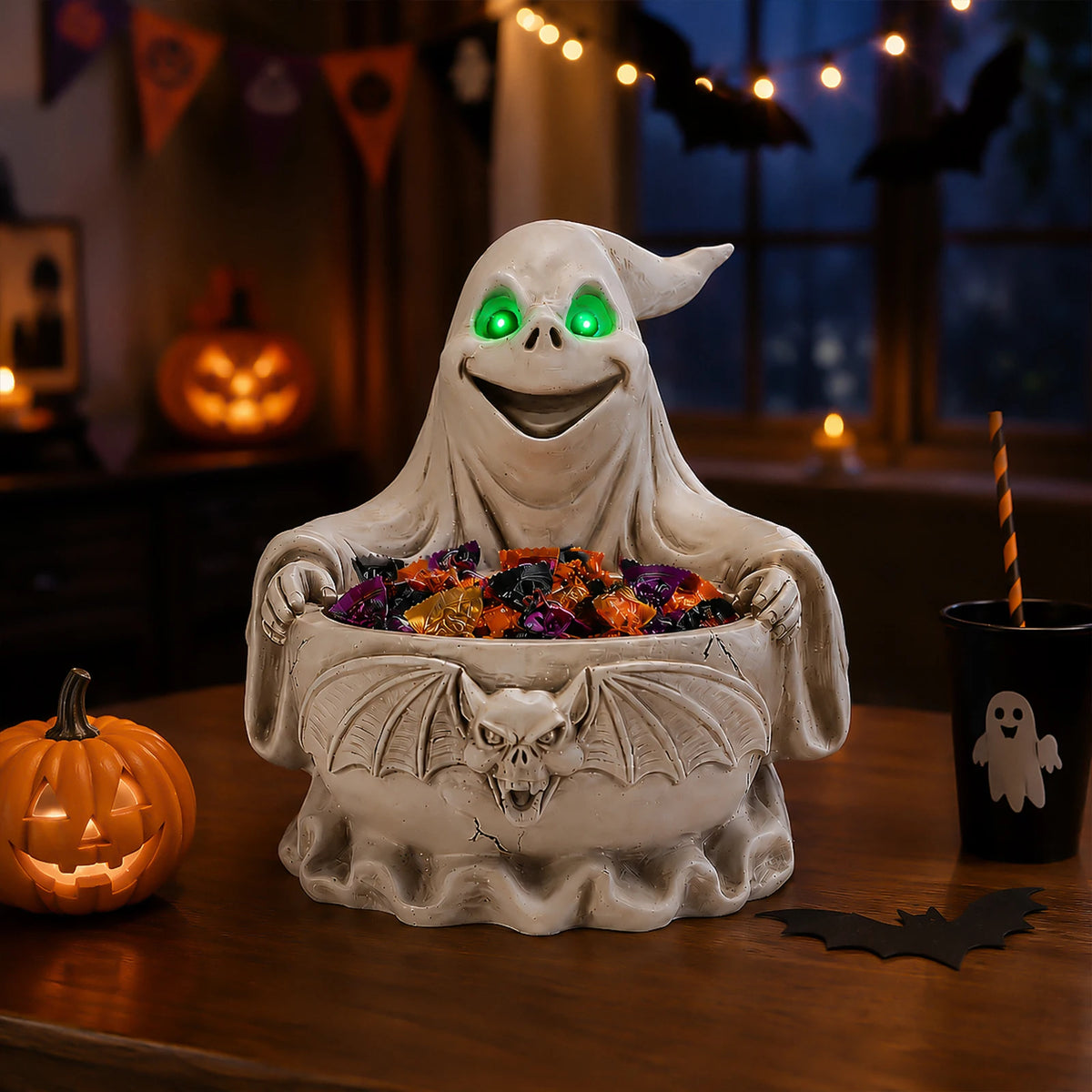 Halloween Ghost Candy Bowl with LED Glowing Green Eyes, Gothic Bat Resin Storage Dish, Spooky Tabletop Decor for Party Treats & Keys