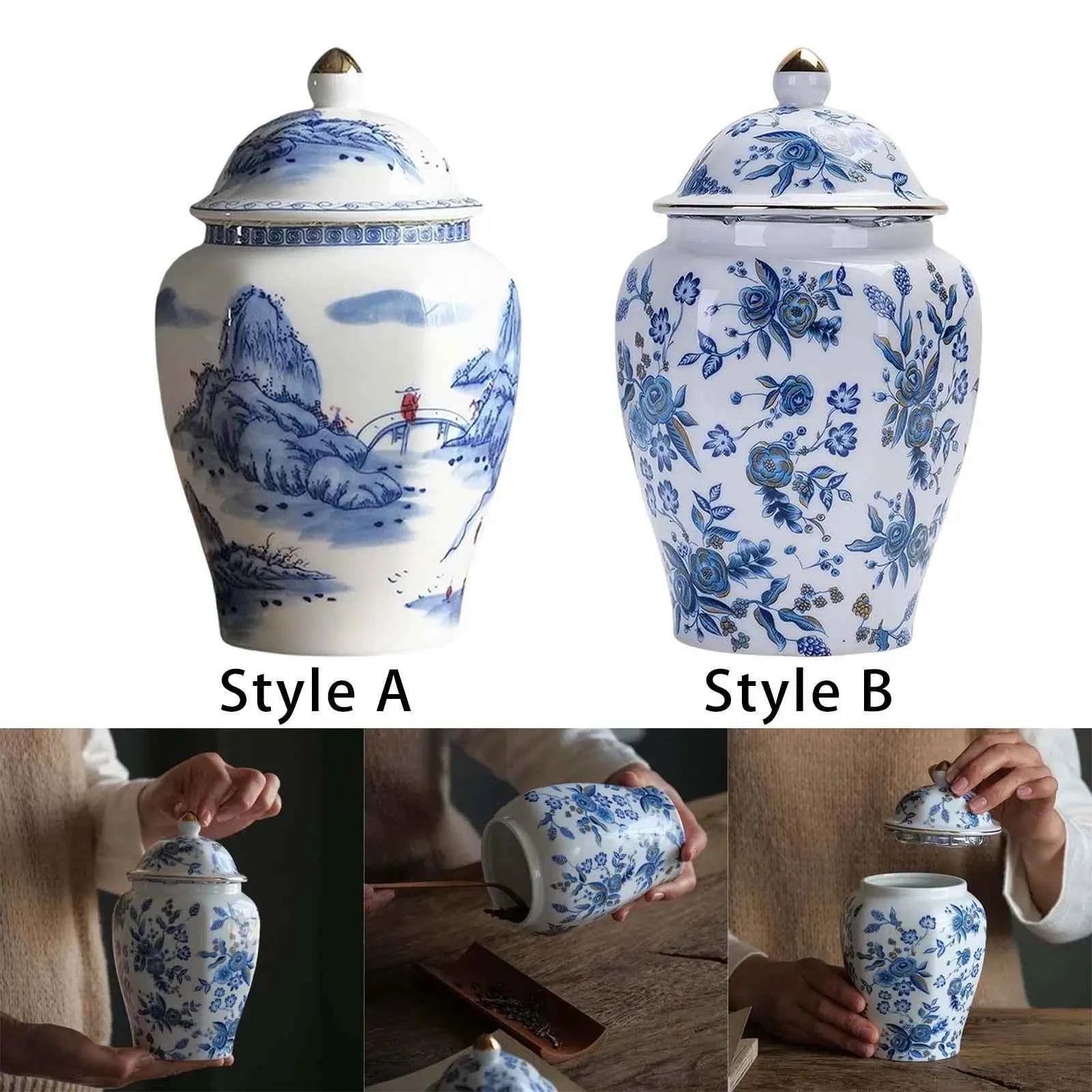 Ceramic Tea Jar with Lid Blue White Porcelain Light Luxury Vase for Dining Room Wedding Centerpiece Table Decoration Home Decor
