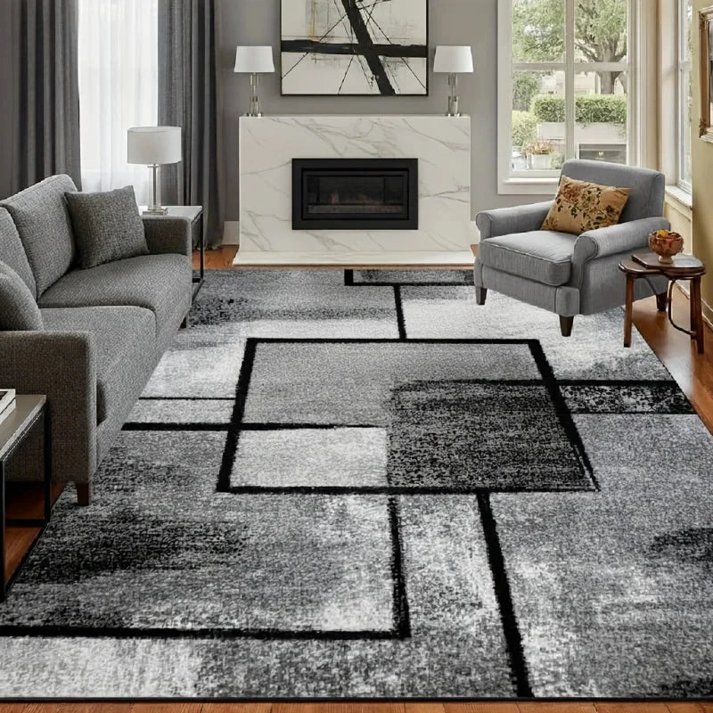 VIKAMA Modern Gray & Black Geometric Square Area Rug – Non-Slip Washable Soft Carpet