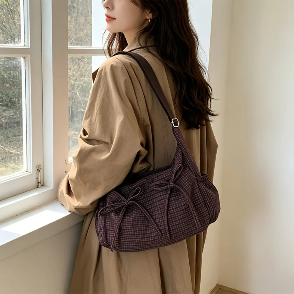 Vintage Plaid Shoulder Bag with Cute Bow Decor