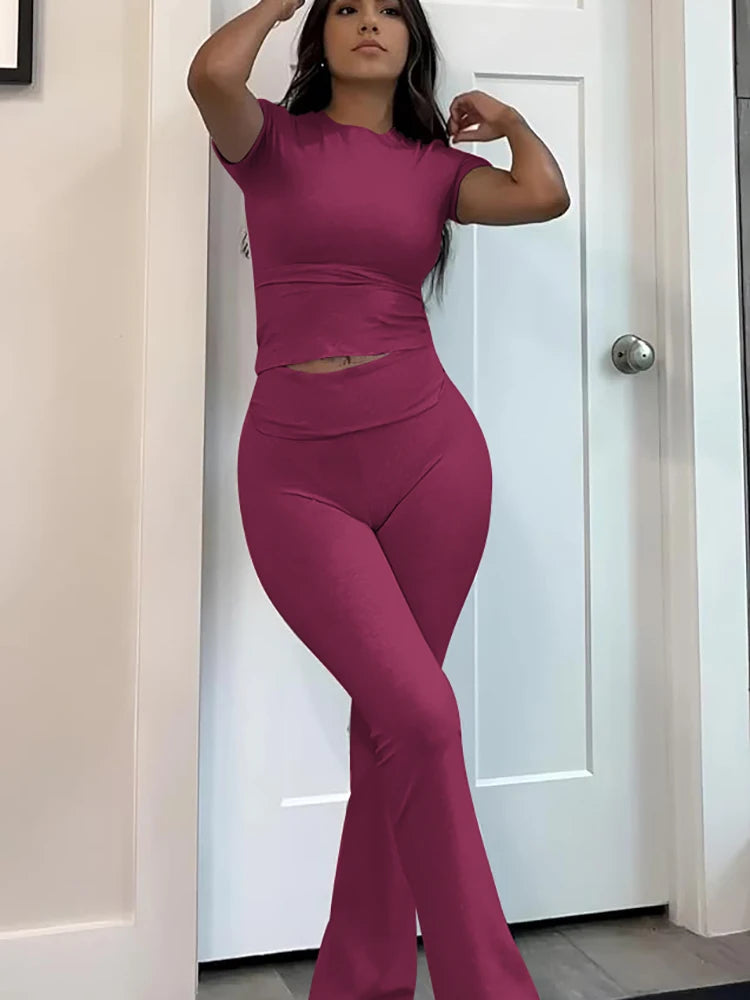 Women’s 2-Piece Short Sleeve Yoga Set — Flared Trousers & Crop Top