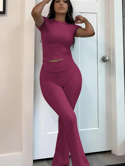 Women’s 2-Piece Short Sleeve Yoga Set — Flared Trousers & Crop Top