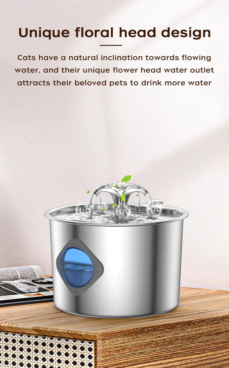 Stainless Steel Cat Water Fountain, 74oz, Quiet Pump