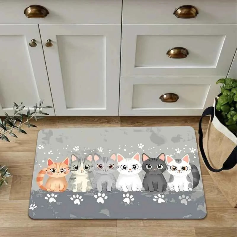 VIKAMA 1/2PCS Kitchen Floor Mat Cute Kitten Anti-Slip Water-Absorbing Entrance Door Bathroom Entrance Floor Mat Home Decoration