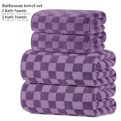 4-Piece Towel Set, 2 Bath Towels + 2 Hand Towels, Checkerboard Pattern