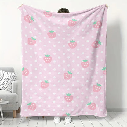 Pink Strawberry Print Flannel Blanket, Soft Warm Cozy Throw for Home Kitchen Sofa Camping Relaxation