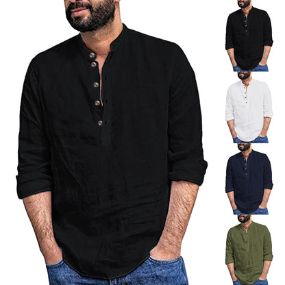 Men's Casual Long Sleeve Henley Shirt — Mandarin Collar Loose Fit Pullover Top