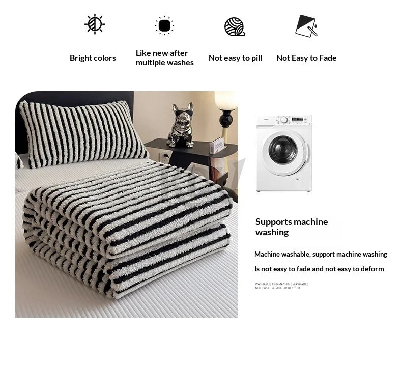 Imitation Rabbit Plush Striped Blanket Fluffy Soft Fleece Throw Blanket for Sofa Single Double Spring Autumn Warm Bed Blankets