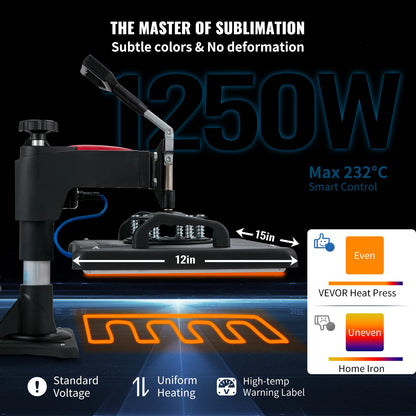Heat Press 5in1 Machine 12x15in Clamshell Sublimation Transfer Printer Digital Precise Temperature Control