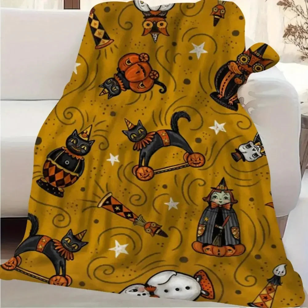 1pc Bethany Heavyweight 280GSM Flannel Halloween Blanket - Vintage Cat, Pumpkin, & Bat Patterns with Mustard-Yellow & Black Spooky Design - Large 60x60 Inches All-Season Cozy Throw for Sofa, Bed, Party Decor - Ideal Gift, Dir