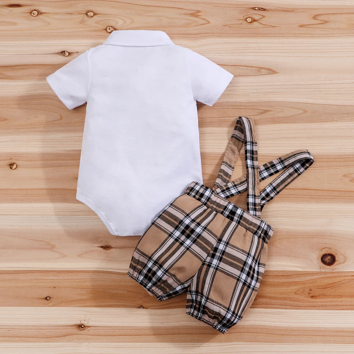 Plaid Bear Print Bodysuit & Suspender Trousers Set
