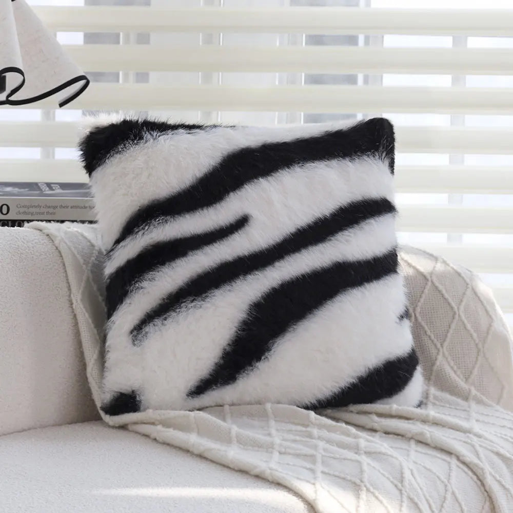Zebra Print Faux Fur Cushion Cover, Black & White
