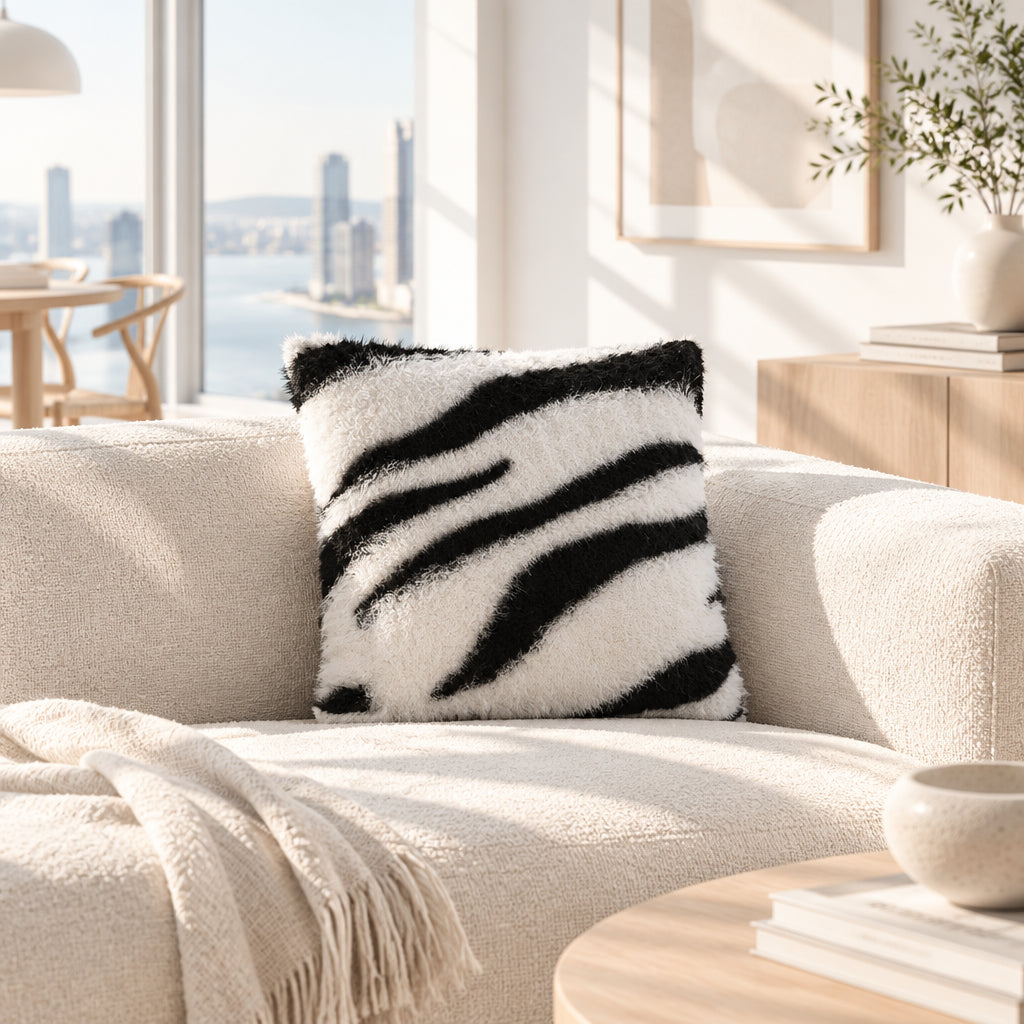Zebra Print Faux Fur Cushion Cover, Black & White