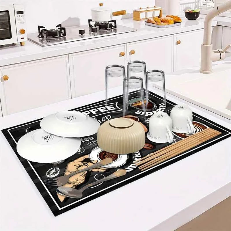 Creative Coffee Print Kitchen Drying Mat Soft Rubber Non-Slip Absorbent Stain-Resistant Mats for Coffee Bar Countertops Dish Mat