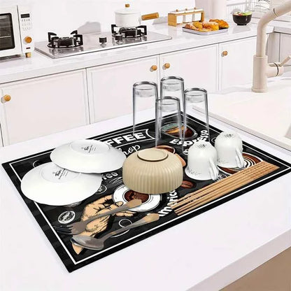 Creative Coffee Print Kitchen Drying Mat Soft Rubber Non-Slip Absorbent Stain-Resistant Mats for Coffee Bar Countertops Dish Mat