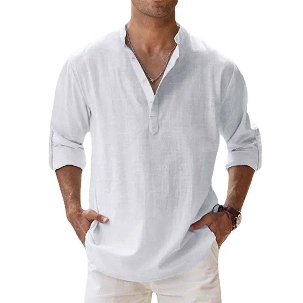 Men's Cotton Linen Long Sleeve Henley Beach Shirt — Solid Color Hawaiian Vacation Top