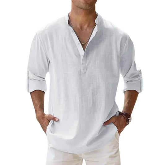 Chemisette Henley à manches longues en coton et lin pour homme – Haut de vacances hawaïennes