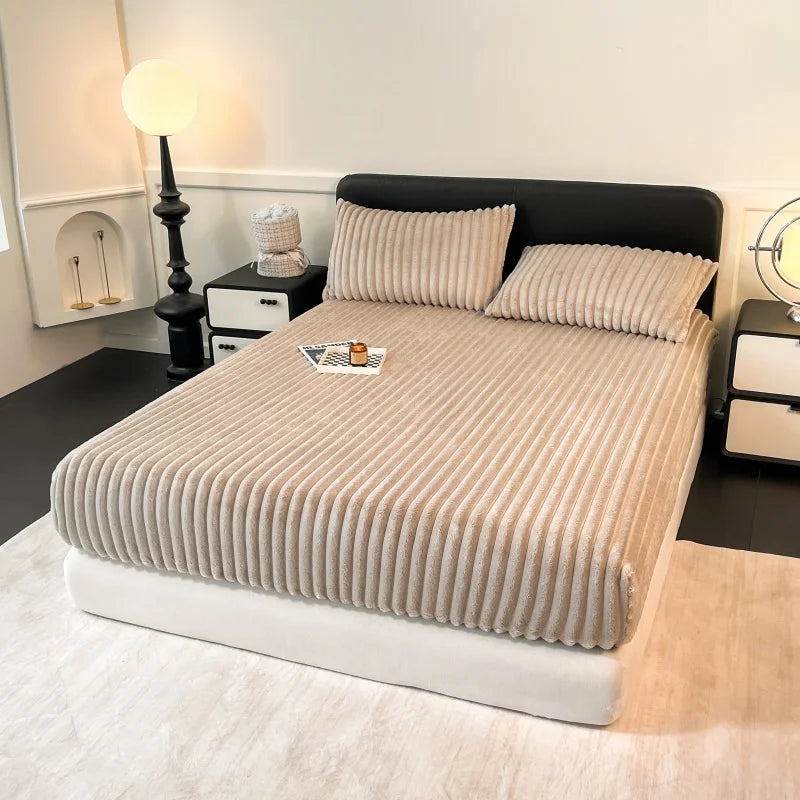Striped Plush Fitted Sheet, Cozy Fluffy Mattress Cover