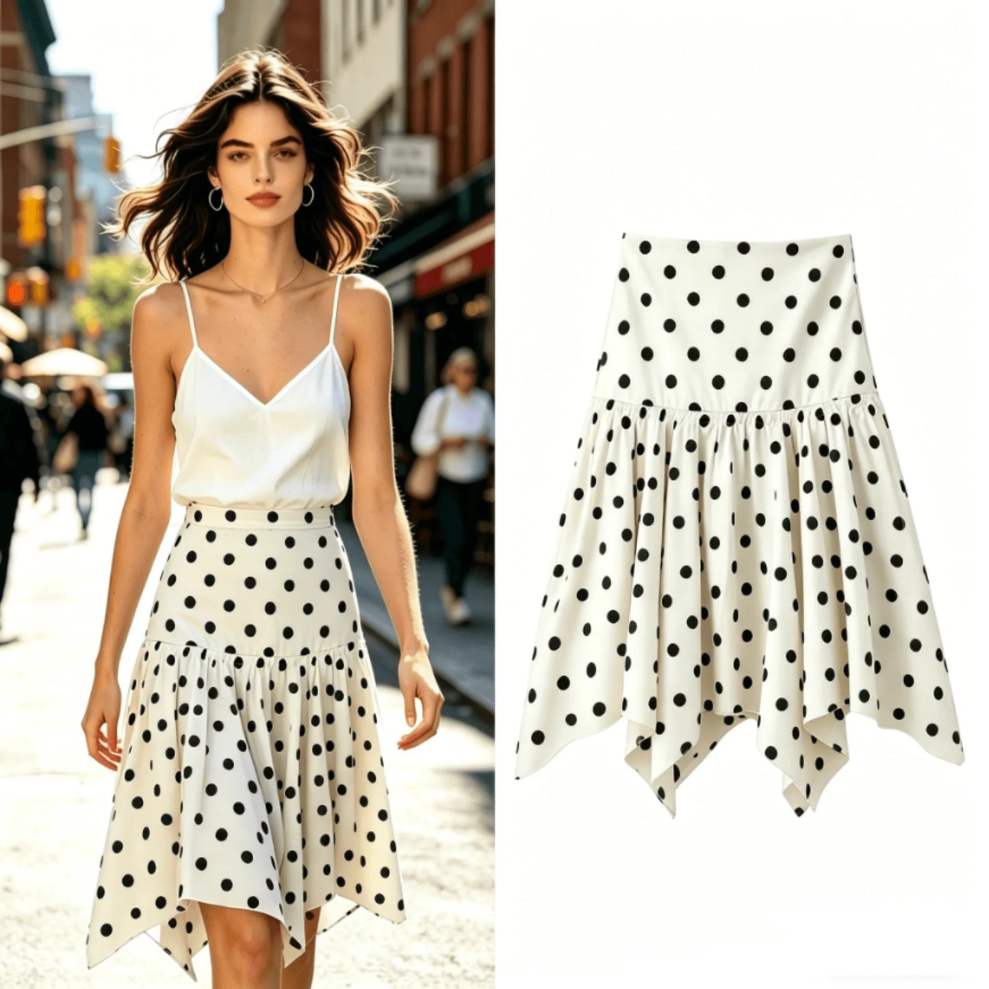 Women's Classic Polka Dot Midi Skirt – High Street Irregular Print Casual Skirt in White & Black
