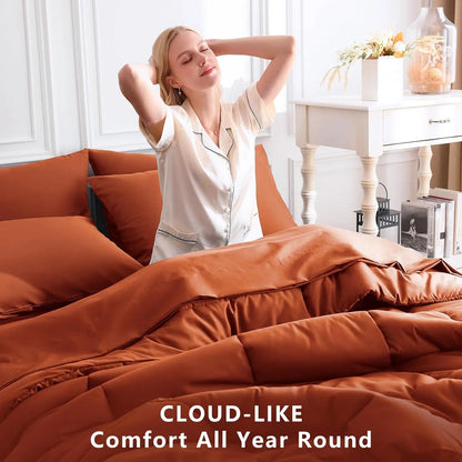 Queen Comforter Set Terracotta 7 Pieces Bed in a Bag with Quilted Comforter and Sheets