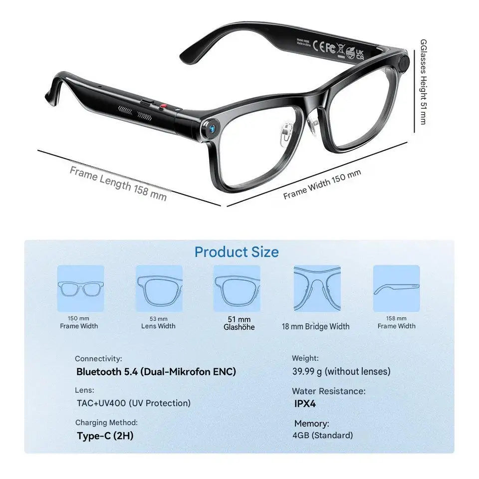AI Smart Glasses with ChatGPT – Real-Time Translation, 1300W Camera, 40g Ultra-Light