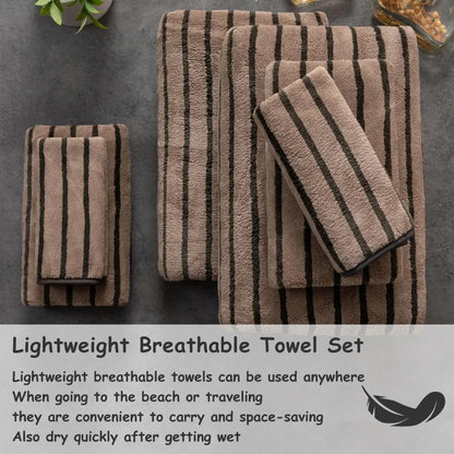 8 Pcs Polyester Brown Cabana Stripe Large Bath Towel Set-2 Bathroom