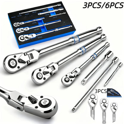 6pcs/3pcs Twist Head Ratchet Set, 1/4", 3/8", 1/2" Drive, Twist Head Ratchet Wrench with Extension Bar, 72 Teeth, 180 °   Adjustable, Quick Release, Flexible Ratchet Handle with EVA Foam.