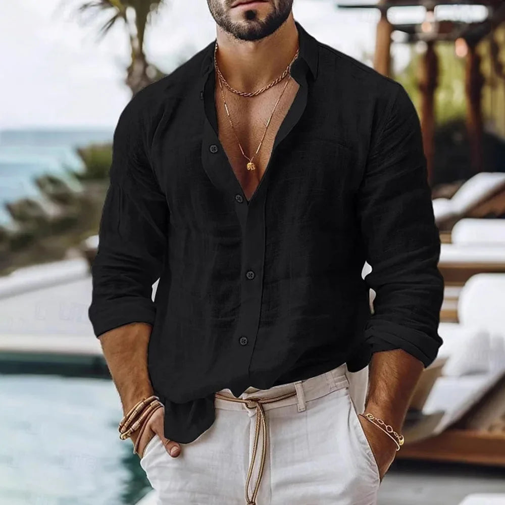 Men's Cotton Linen Beach Style Button Shirt — Solid Color Breathable Lightweight Top