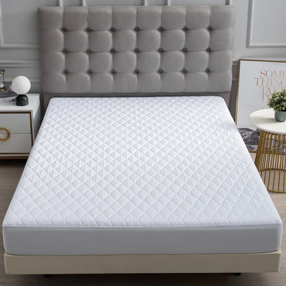 XM-Luvetoria 1pc Fitted Sheet Splash-proof Quilting Bed Cover Bedroom Mattress Protector Solid Color Bed Cover Sheet Soft Polyester Bed Cover