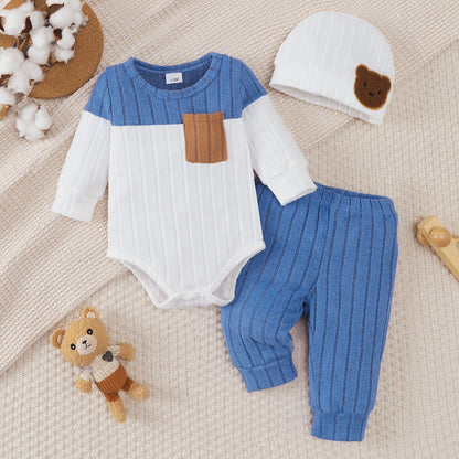 3Pcs/Set of Newborn Baby Boy Color Blocked Long Sleeved Bodysuit+Pants+Cute Hat Set 0-18 Months Baby Boy Spring and Autumn Set