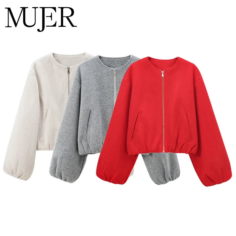 MUJER Women's Red Zipper Bomber Jacket — Soft Cropped Long Sleeve Sports Jacket