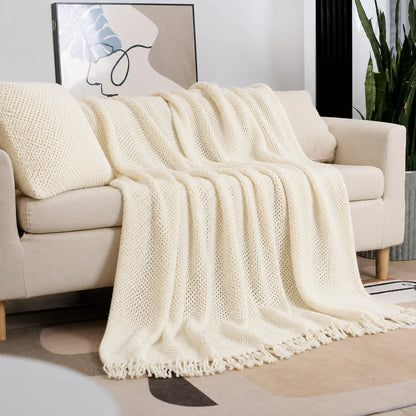 Beige Openwork Textured Knit Throw Blanket with Tassel Fringe, Soft Knitted Decorative Blanket, Lightweight Cozy Cover for Couch Sofa Bed, Boho Farmhouse Home Decor for Living Room Bedroom