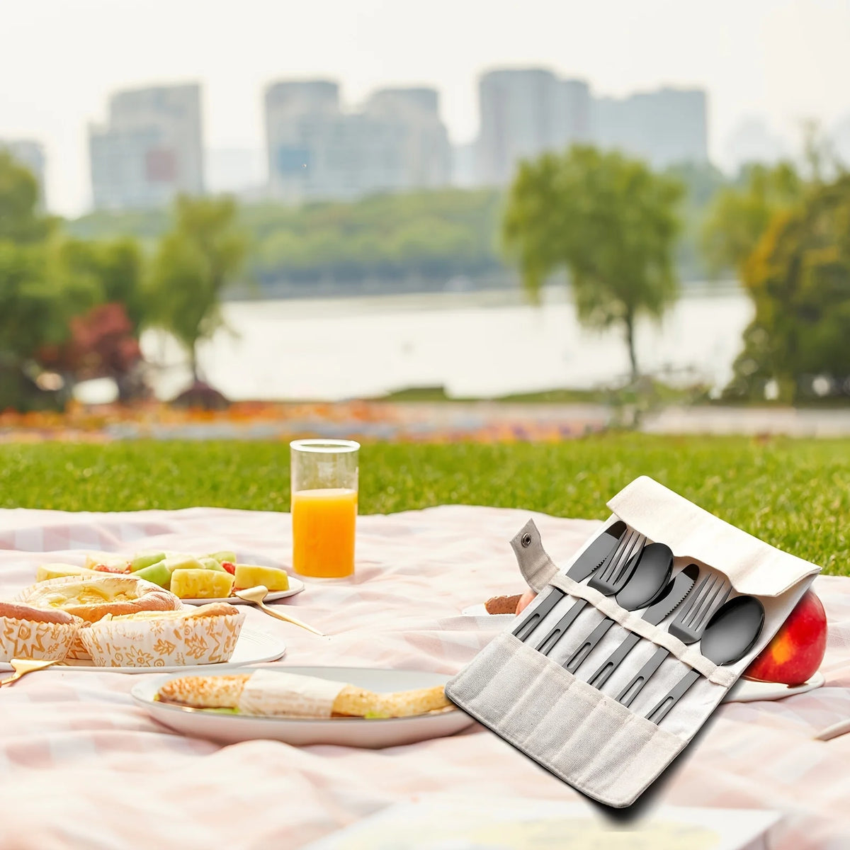 Tableware Set Stainless Steel Portable Cutlery Dinner Knife Fork Spoon 6-Piece Suit with Storage Bag for Travel Camping Flatware
