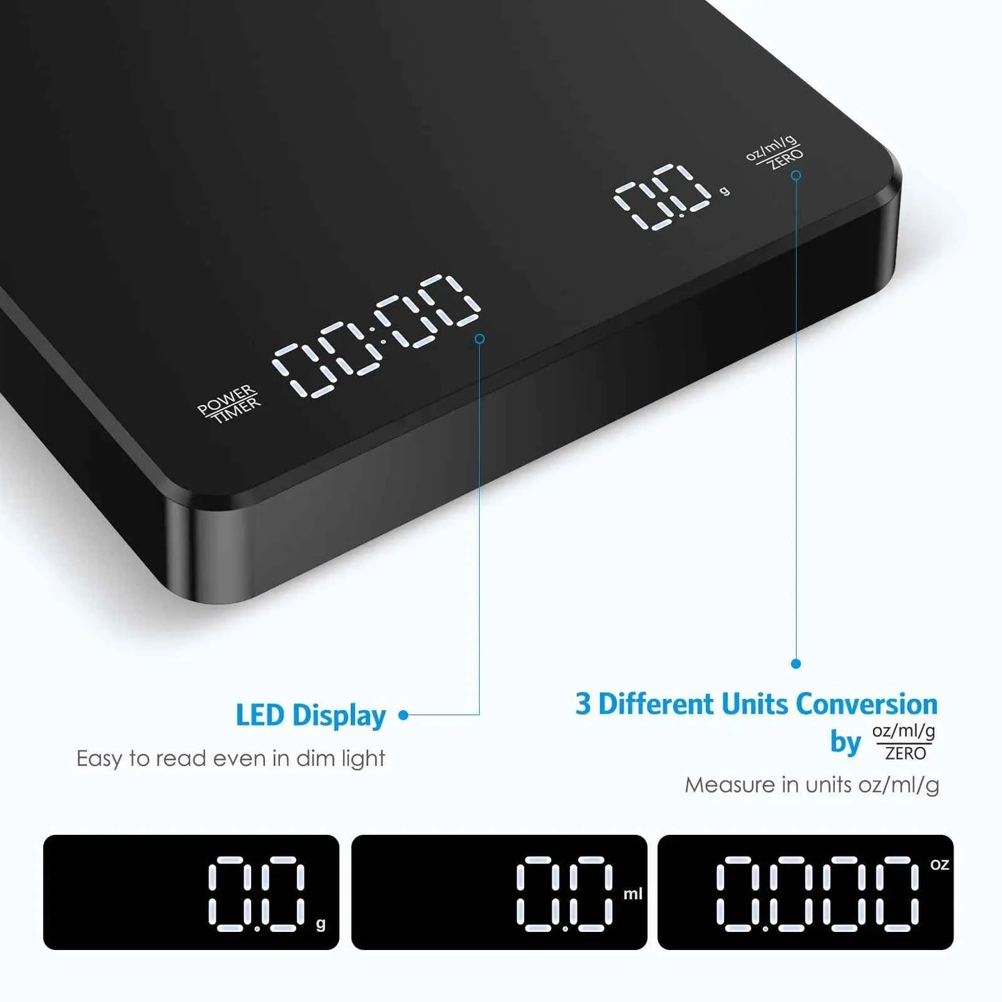 Coffee Scale with Positive and Negative Timer 3kg/0.1g High Precision Kitchen Digital Food Scale Matte Black Espresso Scale