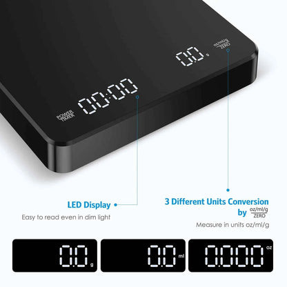 Coffee Scale with Positive and Negative Timer 3kg/0.1g High Precision Kitchen Digital Food Scale Matte Black Espresso Scale