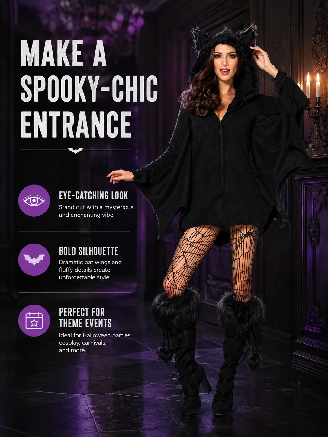 Women Cozy Bat Halloween Costume, Furry Cat Ear Hooded Zip‑Up Dress with Bat Wings, Vampire Animal Cosplay Outfit for Carnival Party