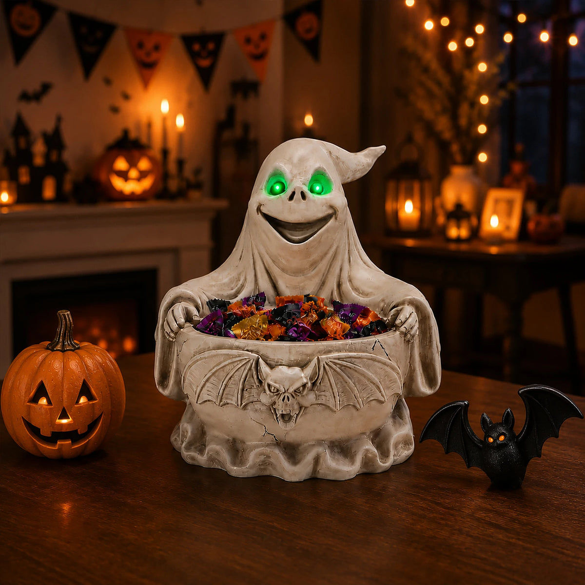 Halloween Ghost Candy Bowl with LED Glowing Green Eyes, Gothic Bat Resin Storage Dish, Spooky Tabletop Decor for Party Treats & Keys