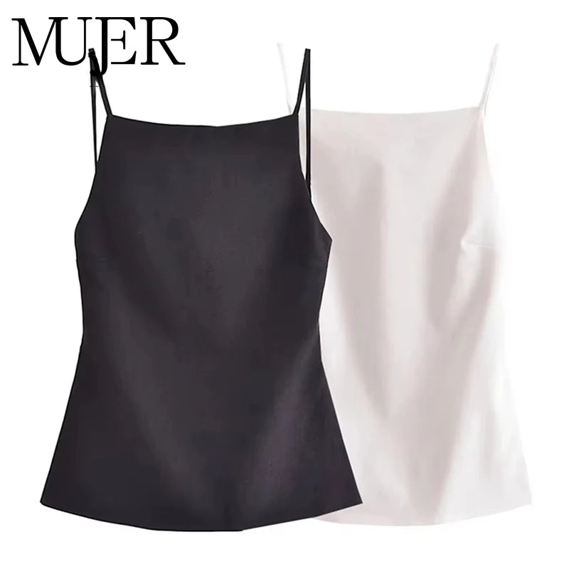 MUJER Women's Black Backless Crop Top — Sleeveless White Strappy Evening Top