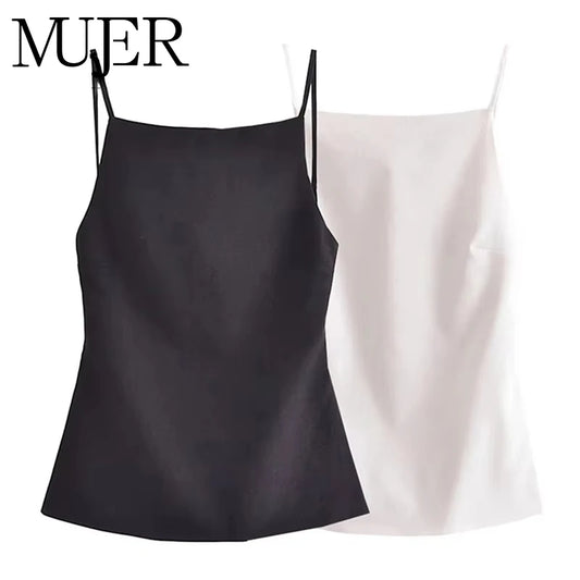 MUJER Crop top dos nu noir pour femme — Top de soirée blanc sans manches à fines bretelles
