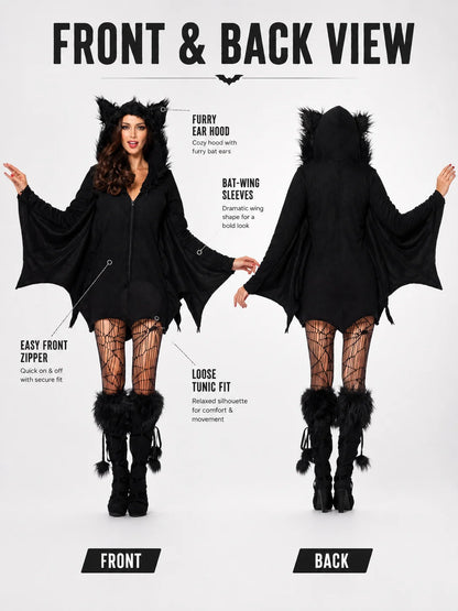 Women Cozy Bat Halloween Costume, Furry Cat Ear Hooded Zip‑Up Dress with Bat Wings, Vampire Animal Cosplay Outfit for Carnival Party