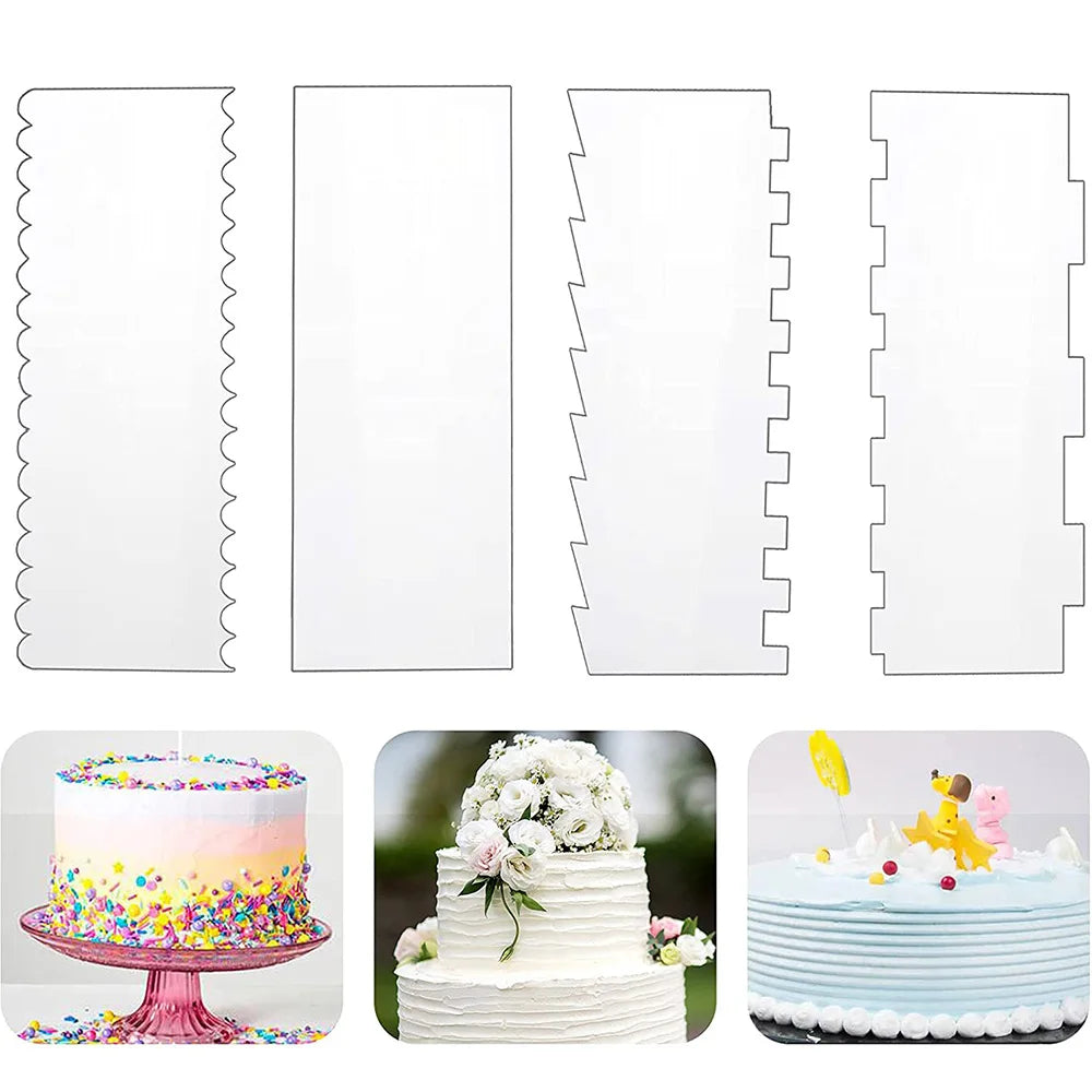 4pcs/set Acrylic Cake Scraper Set Decorating Contour Stripe Cake Comb Saw Tooth Smoother Buttercream Frosting Scraper Cake Tools