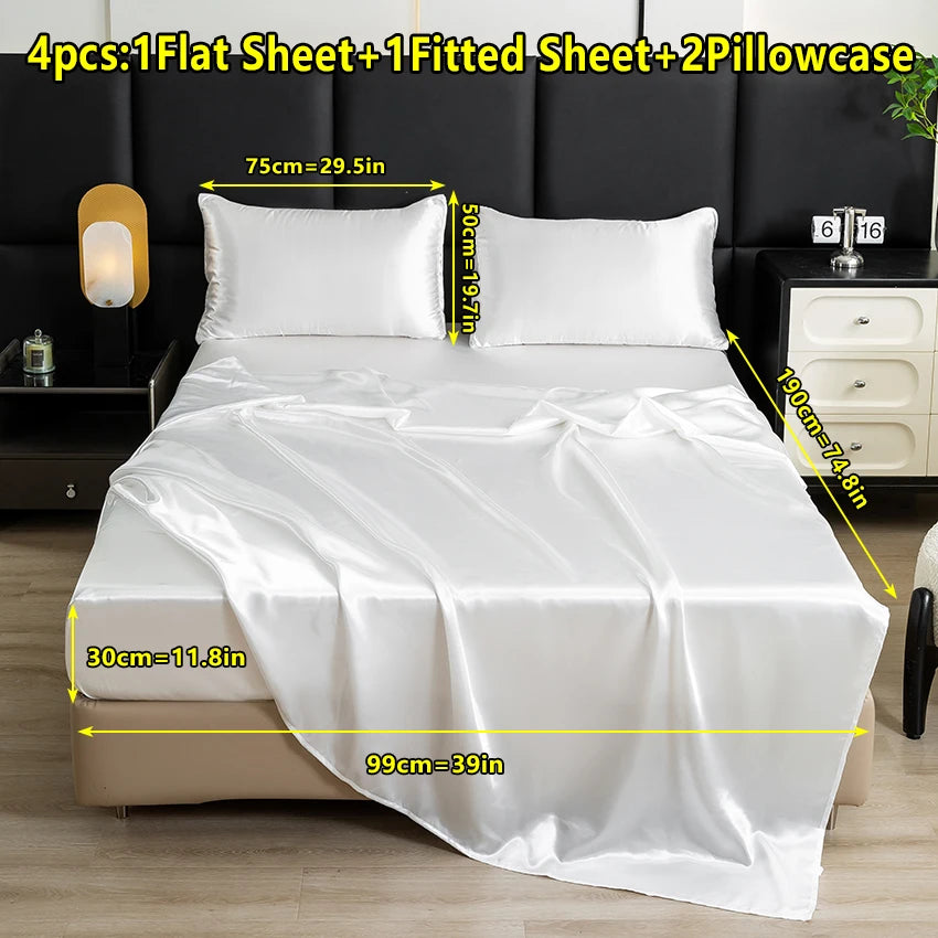 4-Piece Solid Color Satin Bed Sheet Set – Luxurious Soft Skin-Friendly Bedding (Flat Sheet, Fitted Sheet & 2 Pillowcases)