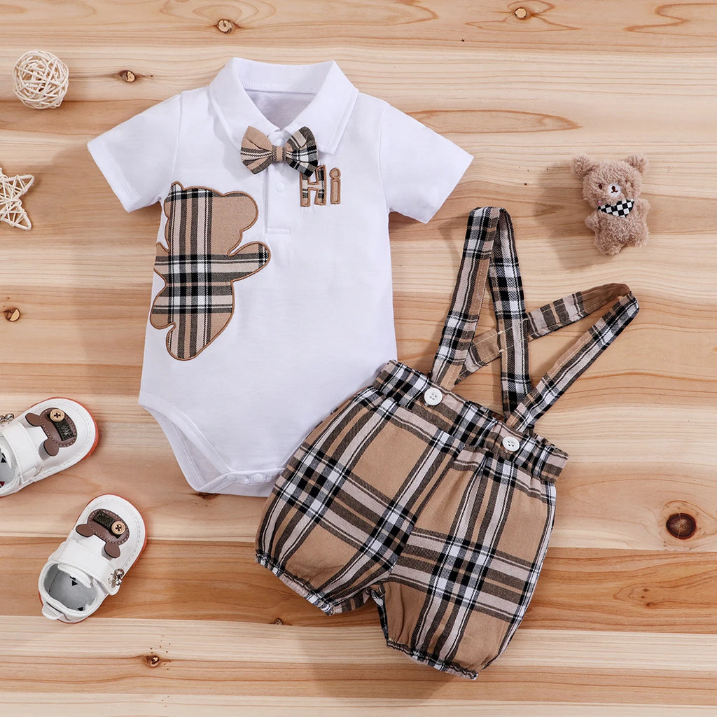 Plaid Bear Print Bodysuit & Suspender Trousers Set