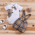 Plaid Bear Print Bodysuit & Suspender Trousers Set