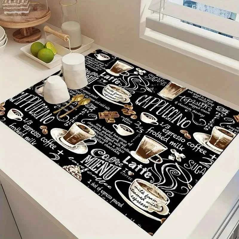 Creative Coffee Print Kitchen Drying Mat Soft Rubber Non-Slip Absorbent Stain-Resistant Mats for Coffee Bar Countertops Dish Mat